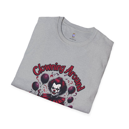 Creepy Clown Graphic Tee, Unisex Softstyle T-Shirt, Halloween Costume, Spooky Shirt, Eerie Apparel, Perfect for Horror Lovers