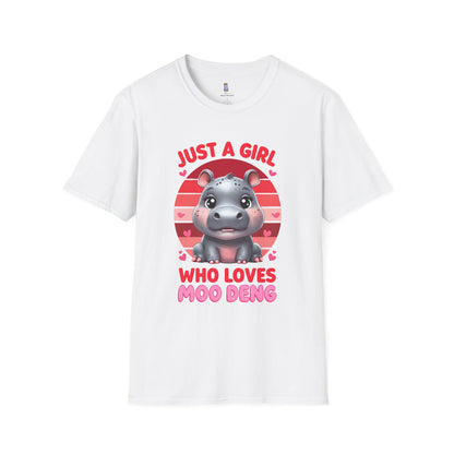 Just a Girl Who Loves Moo Deng Unisex Softstyle T-Shirt | Cute Hippo Tee, Animal Lover Shirt, Gift for Kids, Summer Wear, Birthday Present