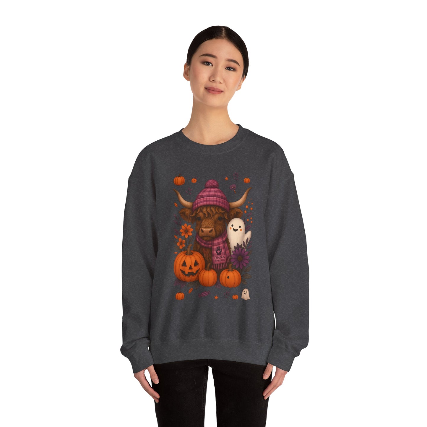 Highland Cow & Ghost Halloween Crewneck Sweatshirt