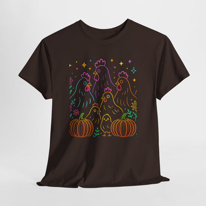 🌻 Autumn Chickens & Pumpkins Tee – Colorful Farm Harvest Shirt