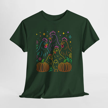 🌻 Autumn Chickens & Pumpkins Tee – Colorful Farm Harvest Shirt