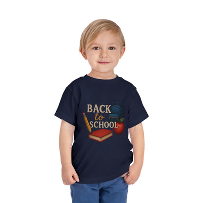 Toddler Tee Back to School Shirt with Backpack, Apple, Pencil, and Book Design