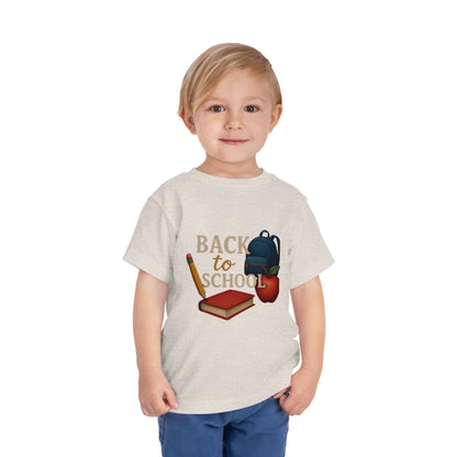 Toddler Tee Back to School Shirt with Backpack, Apple, Pencil, and Book Design