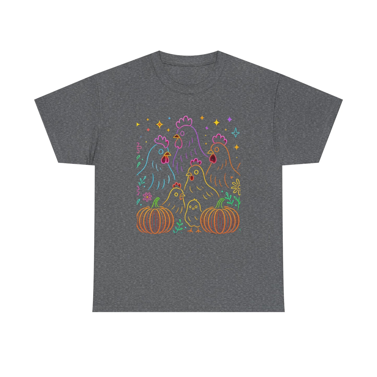 🌻 Autumn Chickens & Pumpkins Tee – Colorful Farm Harvest Shirt