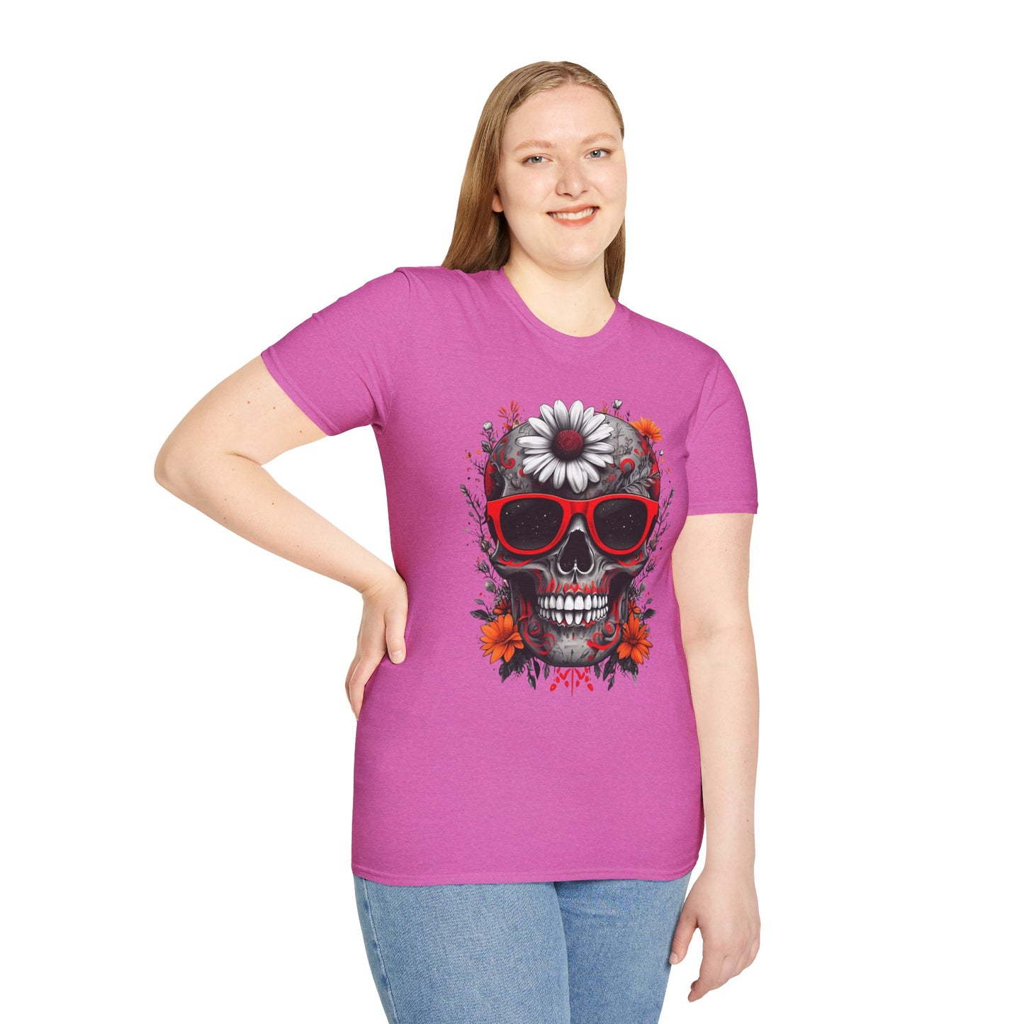 Skull & Flower Graphic T-Shirt, Unisex Casual Tee, Edgy Fashion Wear, Festival Outfit, Gift for Halloween & Day of the Dead
