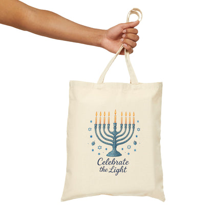 Hanukkah Menorah Tote Bag – "Celebrate the Light" Cotton Canvas Shopper
