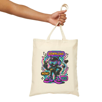 Retro Cyber Mascot Tote Bag — "Download Now! Yes!" Neon Gamer Canvas Tote