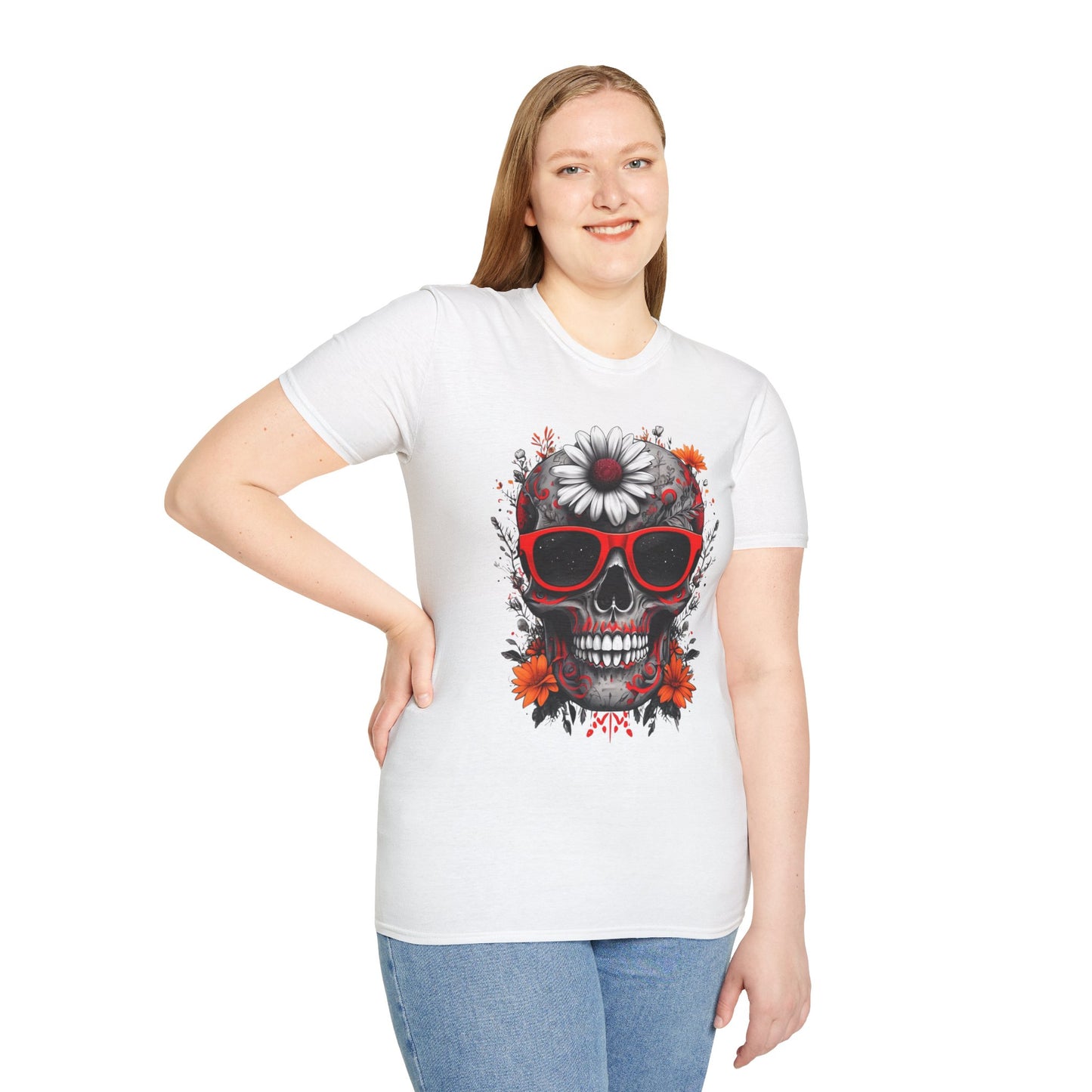 Skull & Flower Graphic T-Shirt, Unisex Casual Tee, Edgy Fashion Wear, Festival Outfit, Gift for Halloween & Day of the Dead