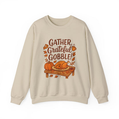 Thanksgiving Sweatshirt — "Gather, Grateful, Gobble!" Crewneck with Turkey & Pumpkin Design