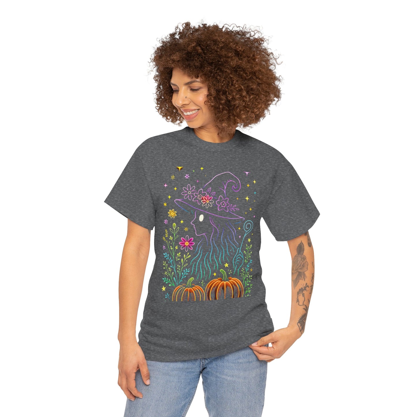 🌙 Whimsical Witch Cat Tee – Magical Halloween Pumpkin Shirt