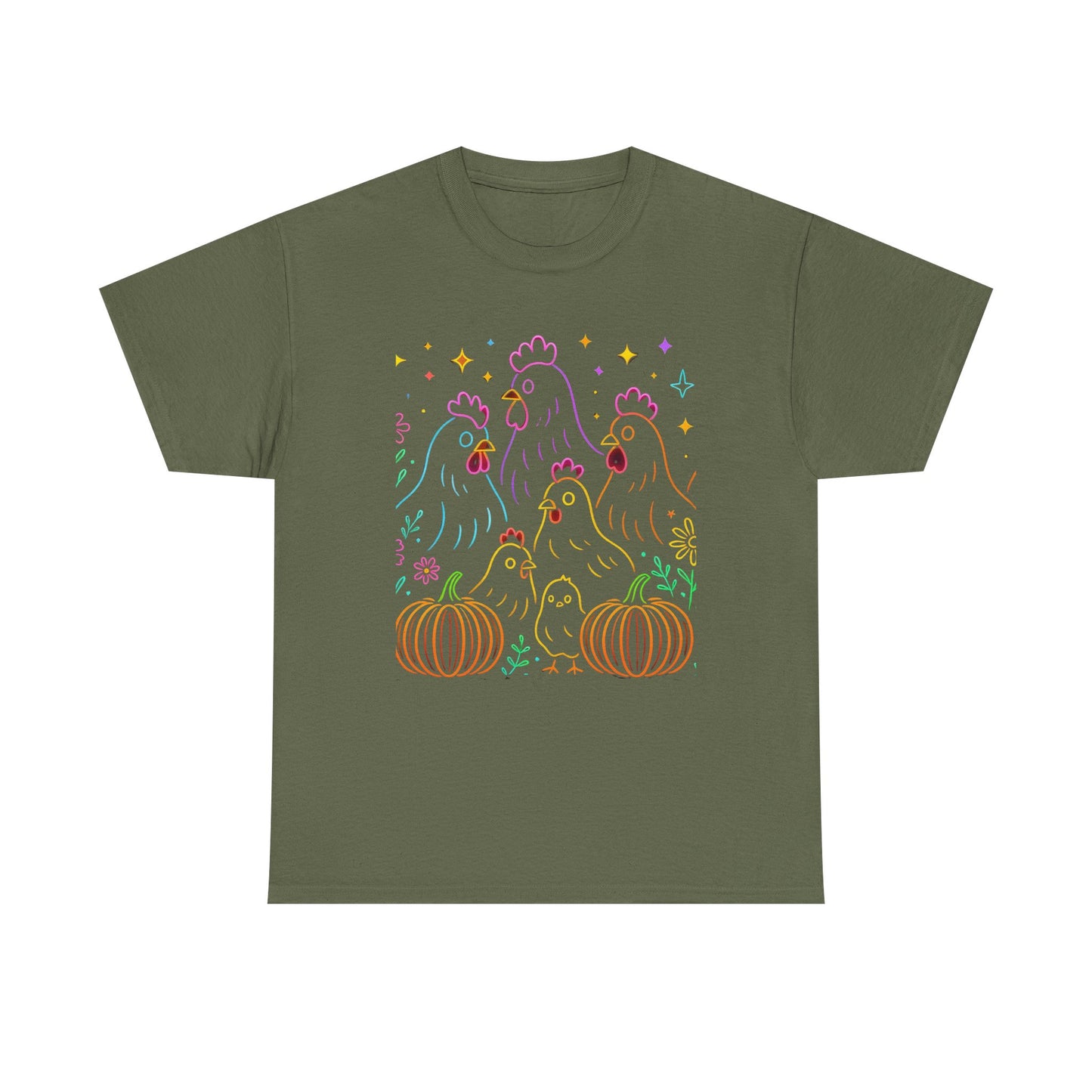 🌻 Autumn Chickens & Pumpkins Tee – Colorful Farm Harvest Shirt
