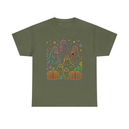 🌻 Autumn Chickens & Pumpkins Tee – Colorful Farm Harvest Shirt
