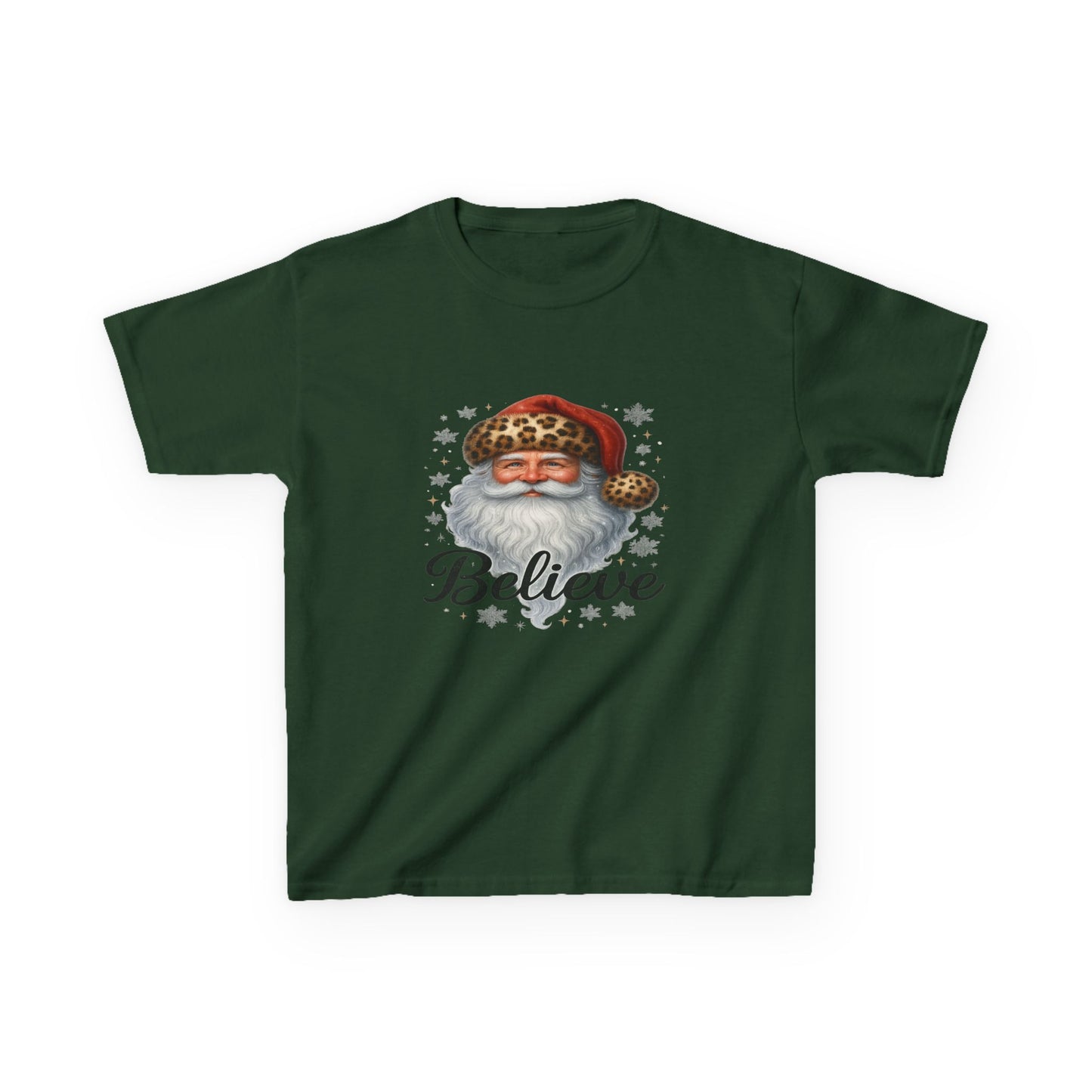 Leopard Print Santa 'Believe' Kids Christmas Tee