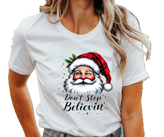 Don't Stop Believing Winking Santa Adult T-Shirt