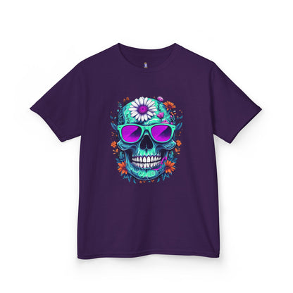 Vibrant Skull Youth Tee, Colorful T-Shirt for Festivals, Birthday Gift, Summer Wear, Unique Graphic Tee