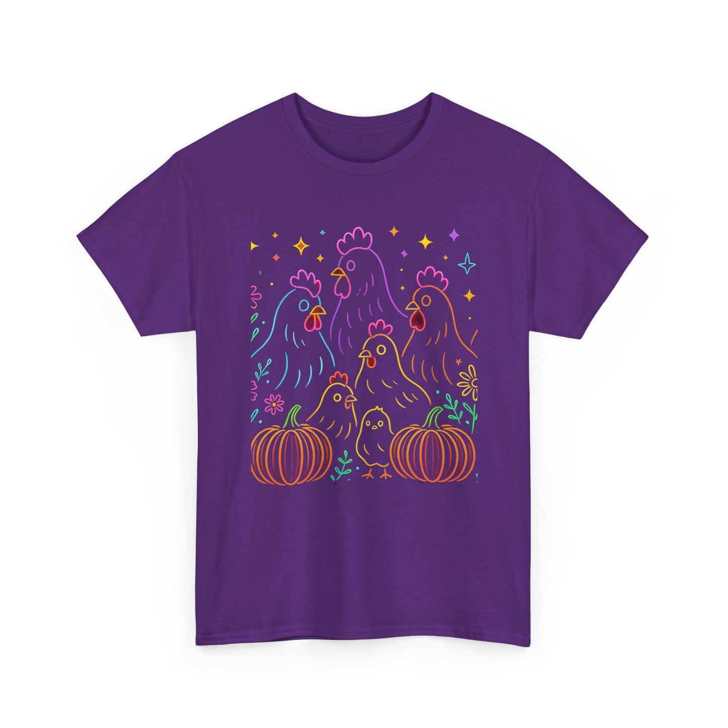 🌻 Autumn Chickens & Pumpkins Tee – Colorful Farm Harvest Shirt