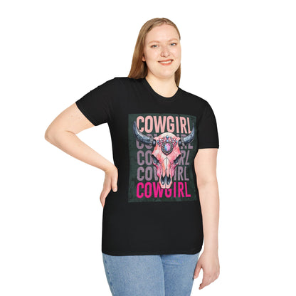 Cowgirl Skull Graphic T-Shirt, Western Fashion Tee, Unisex Cowboy Shirt, Boho Style Wear, Gift for Cowgirls, Casual Outing Top
