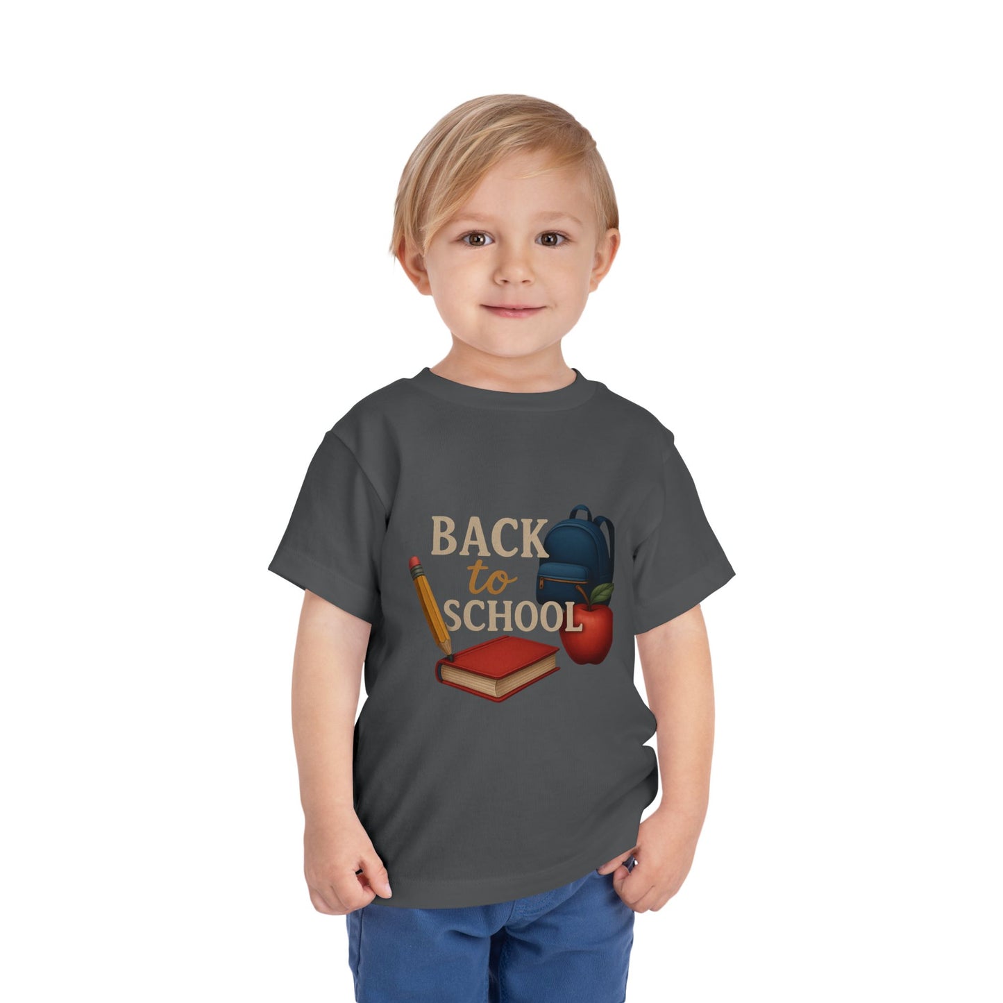 Toddler Tee Back to School Shirt with Backpack, Apple, Pencil, and Book Design