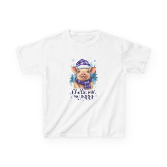 Chillin' Piggy Dino Christmas Tee - Kids Holiday Shirt