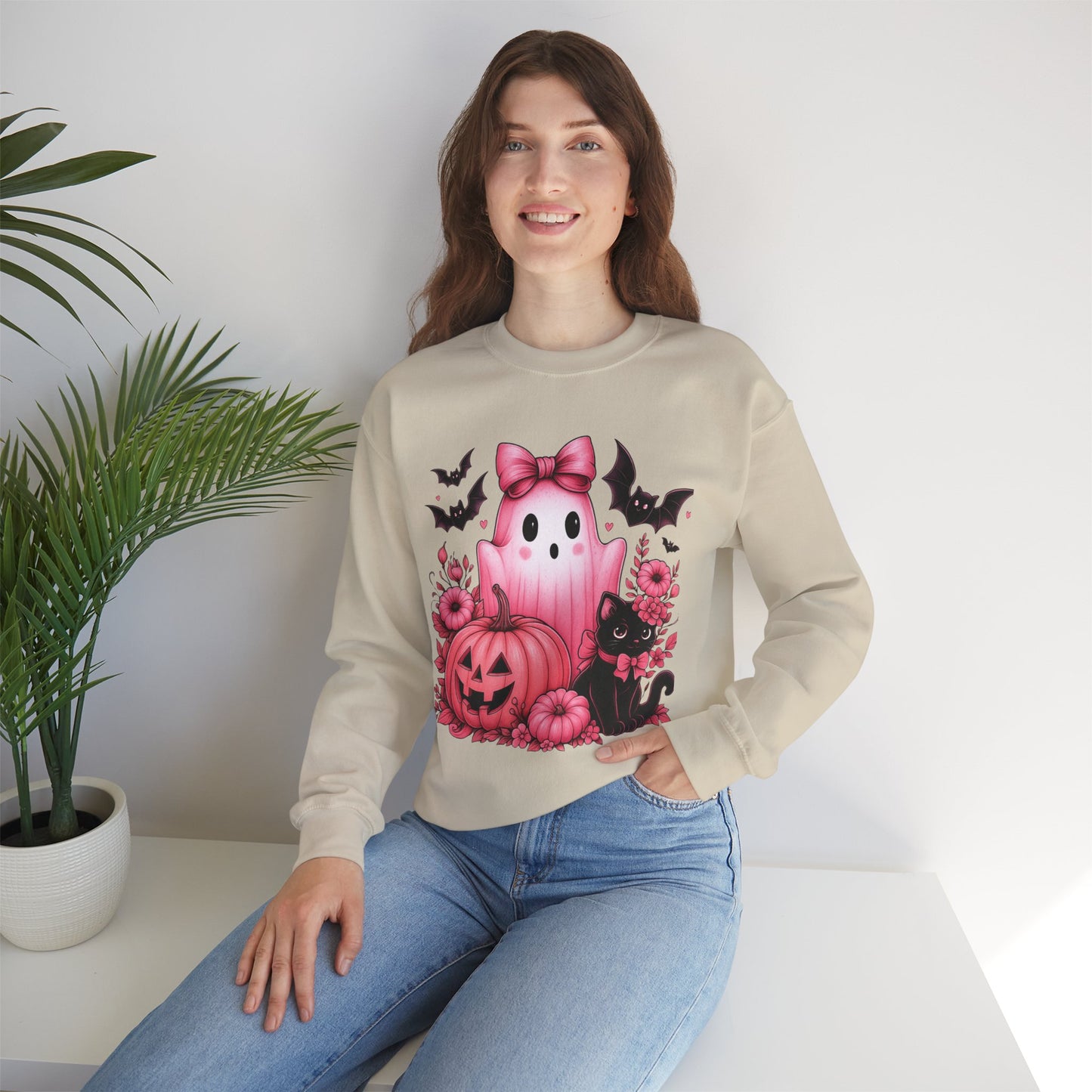 Pink Ghost & Pumpkin Halloween Crewneck Sweatshirt