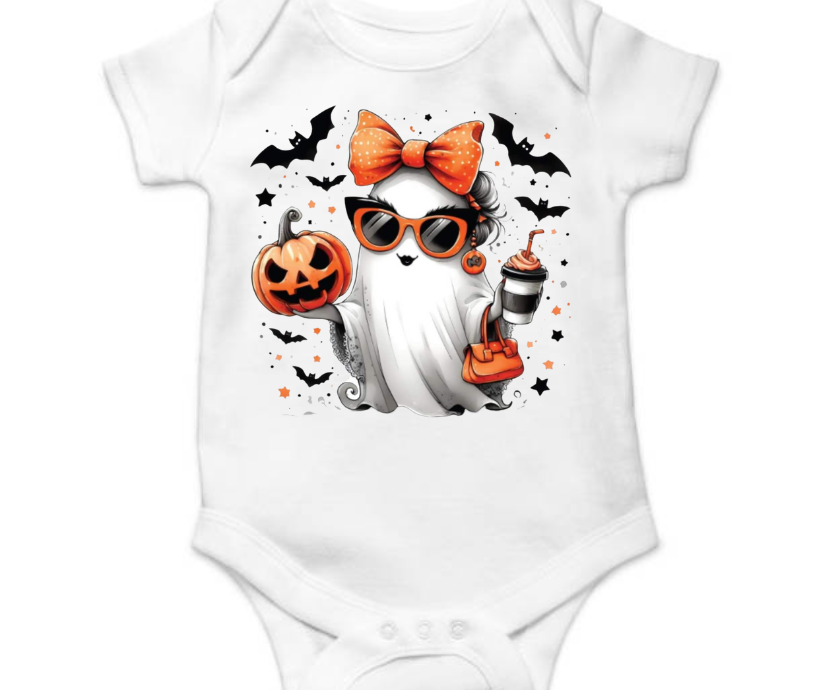 Halloween Ghost With Orange Bow Onesie