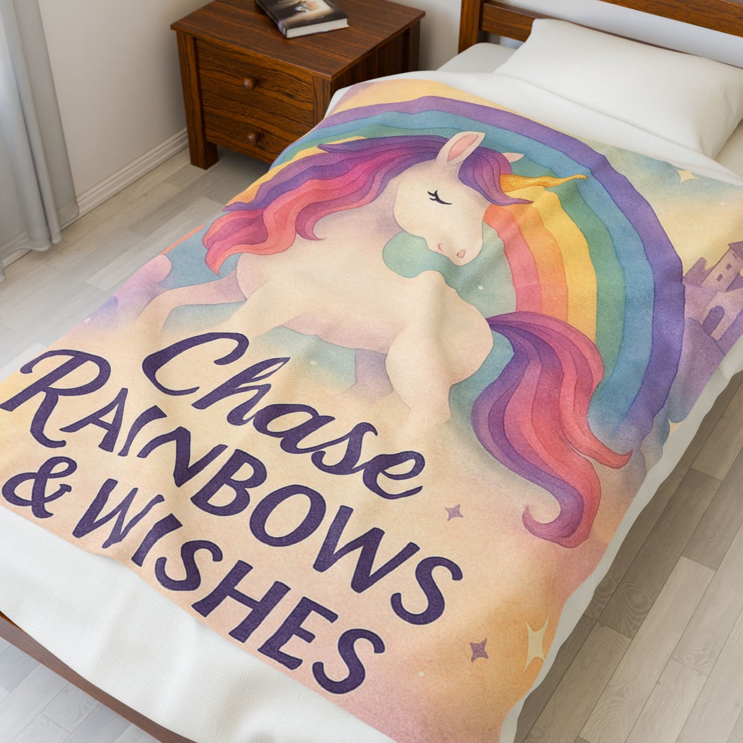 Unicorn Rainbow Plush Blanket, Cozy Kids Blanket, Soft Velveteen Throw, Magical Nursery Decor, Chase Rainbows & Wishes