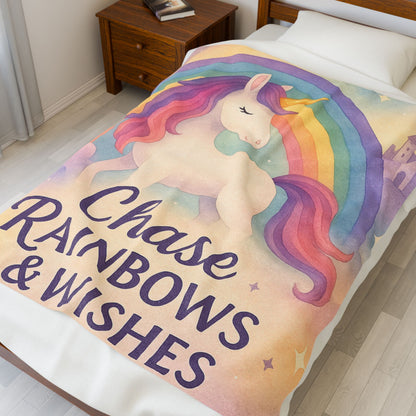 Unicorn Rainbow Plush Blanket, Cozy Kids Blanket, Soft Velveteen Throw, Magical Nursery Decor, Chase Rainbows & Wishes
