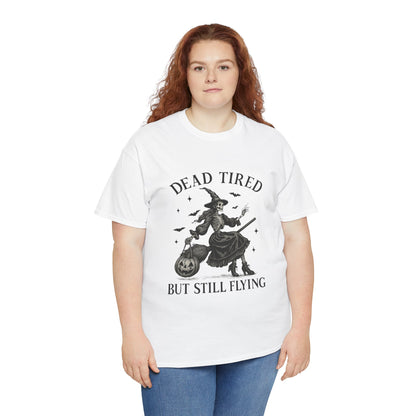 Dead Tired But Flying Skeleton Witch Halloween Tee