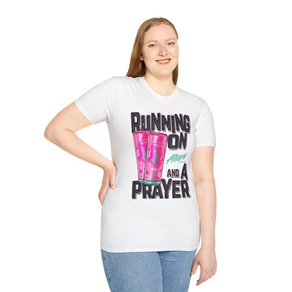 Running on a Prayer T-Shirt, Unisex Graphic Tee, Fun Casual Wear, Gift for Friends, Everyday Style, Faith-Inspired Apparel