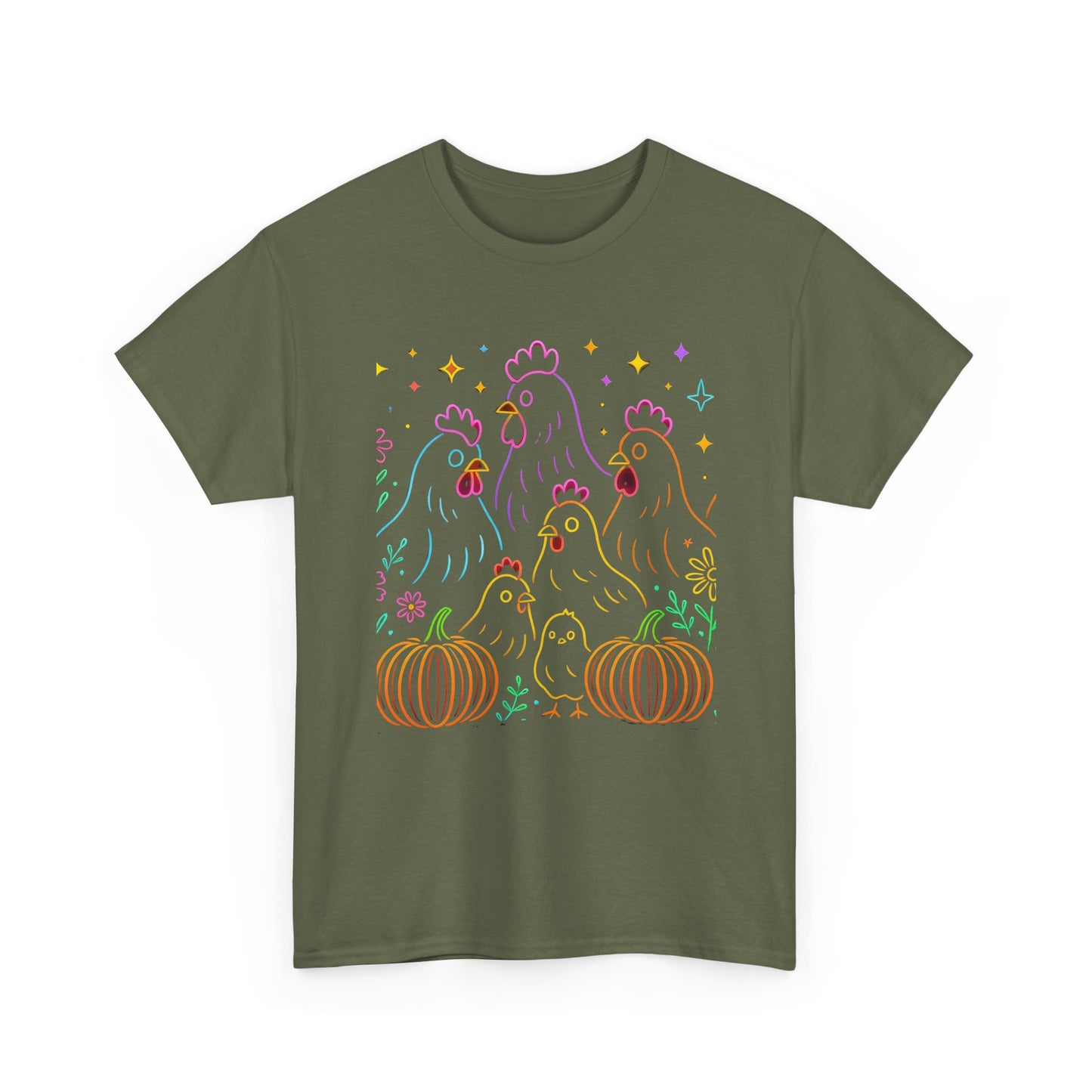 🌻 Autumn Chickens & Pumpkins Tee – Colorful Farm Harvest Shirt