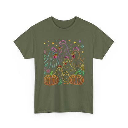 🌻 Autumn Chickens & Pumpkins Tee – Colorful Farm Harvest Shirt