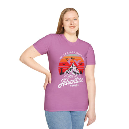 Adventure Awaits T-Shirt | Unisex Softstyle Tee | Perfect for Travel Lovers, Outdoor Adventures, Camping, Nature Gifts, Explore