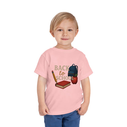 Toddler Tee Back to School Shirt with Backpack, Apple, Pencil, and Book Design