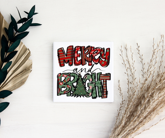 Merry And Bright Square Ceramic Coaster Set