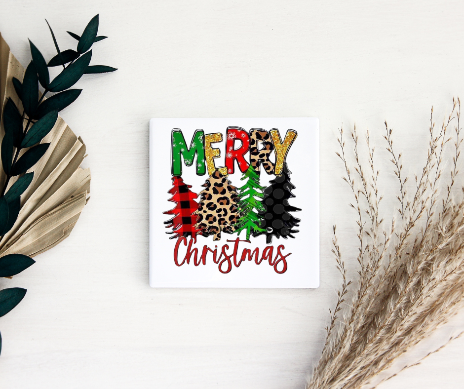 Merry Christmas Trees 2 Square Ceramic Coaster Set