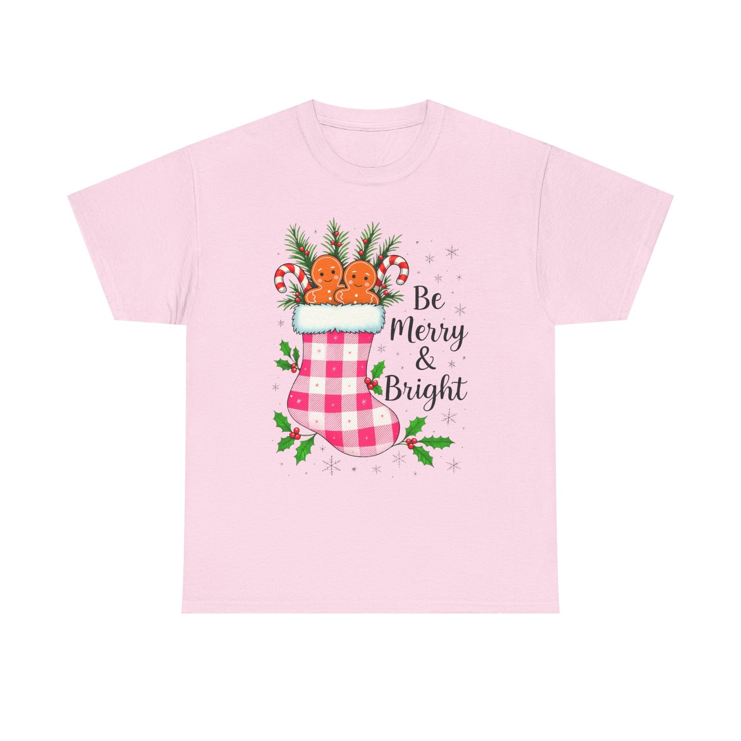Pink Gingham Stocking Christmas Tee - Be Merry & Bright