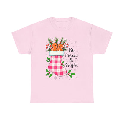 Pink Gingham Stocking Christmas Tee - Be Merry & Bright