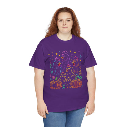 🌻 Autumn Chickens & Pumpkins Tee – Colorful Farm Harvest Shirt
