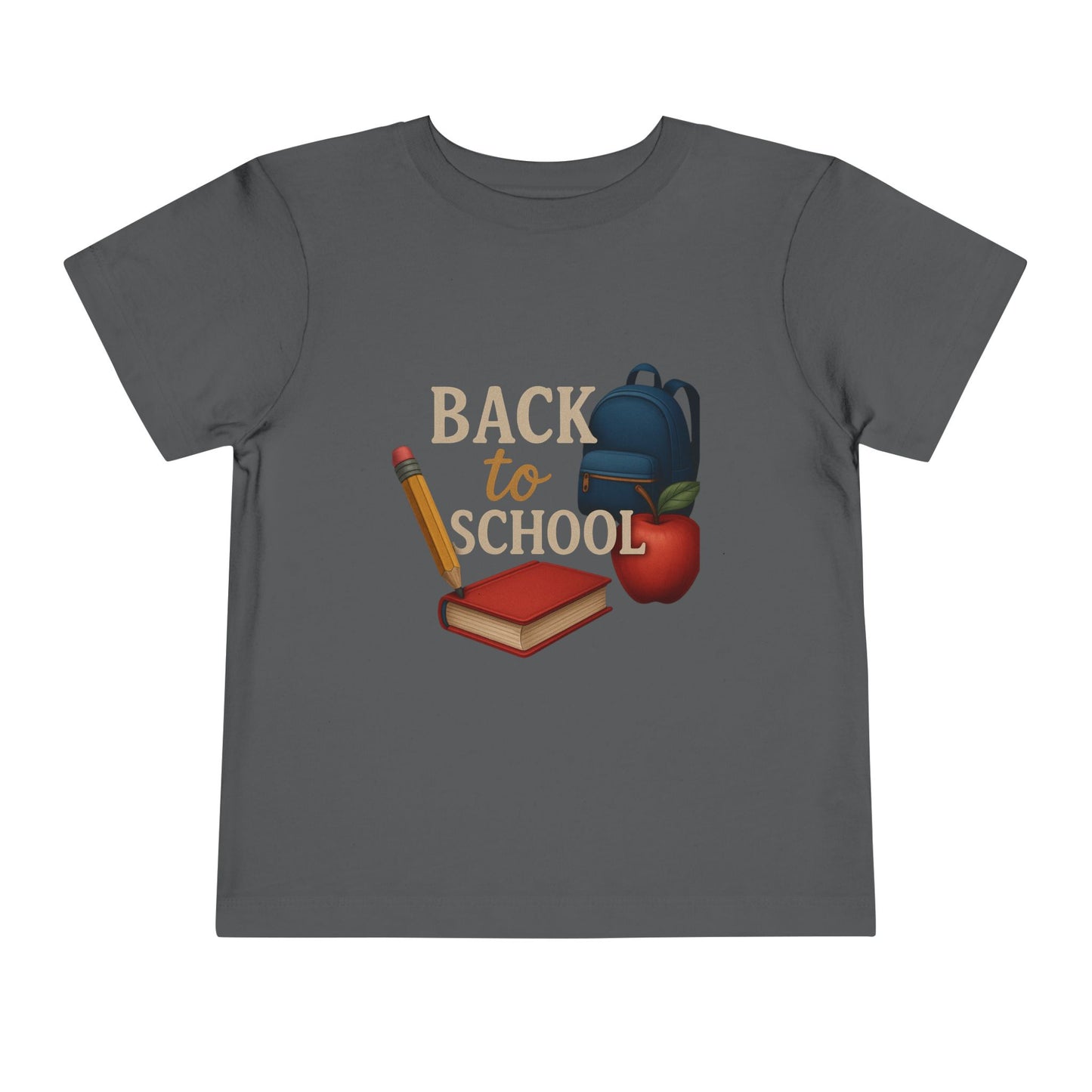 Toddler Tee Back to School Shirt with Backpack, Apple, Pencil, and Book Design