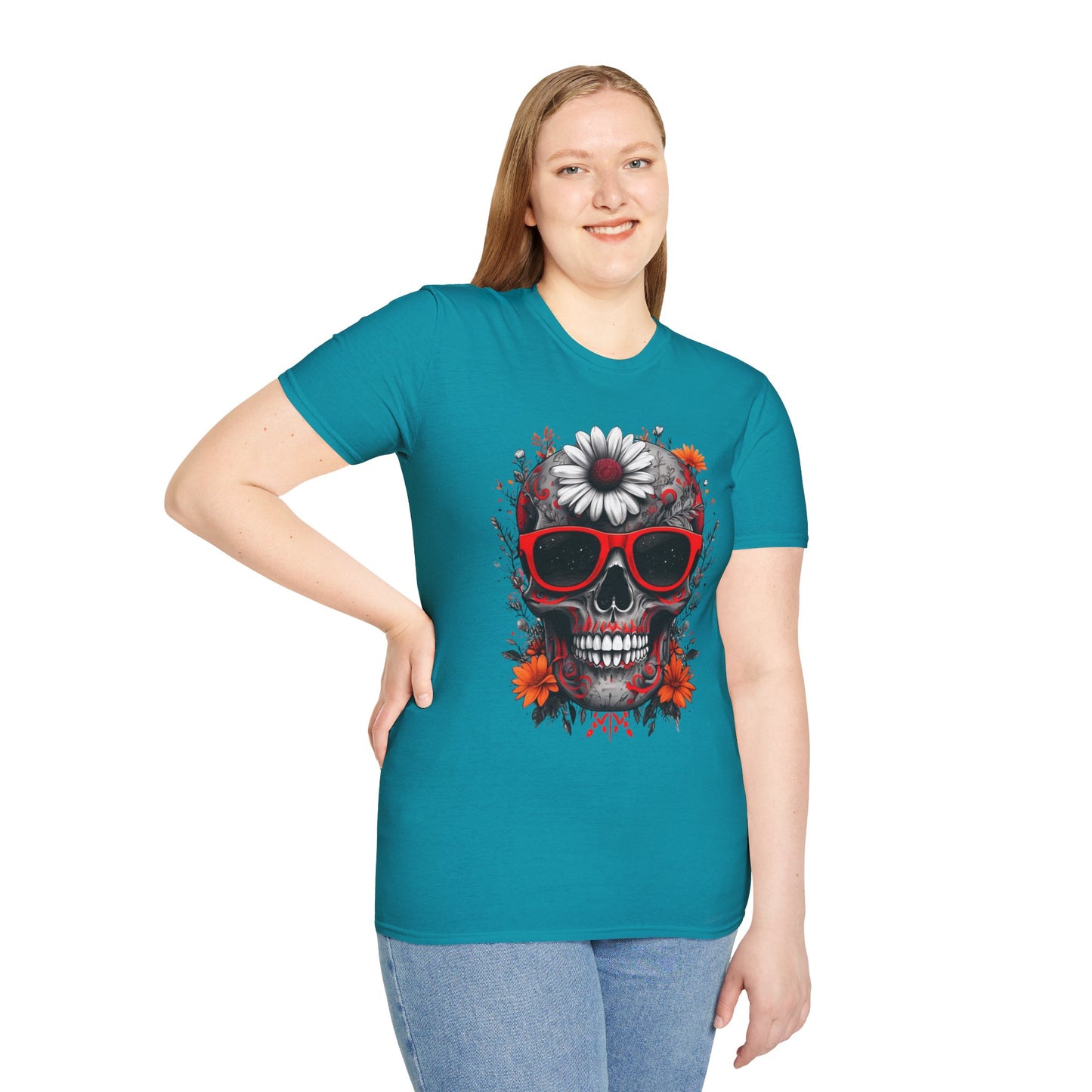 Skull & Flower Graphic T-Shirt, Unisex Casual Tee, Edgy Fashion Wear, Festival Outfit, Gift for Halloween & Day of the Dead