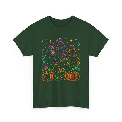 🌻 Autumn Chickens & Pumpkins Tee – Colorful Farm Harvest Shirt