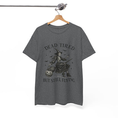 Dead Tired But Flying Skeleton Witch Halloween Tee