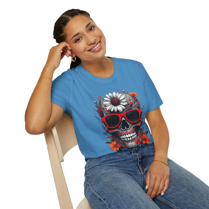 Skull & Flower Graphic T-Shirt, Unisex Casual Tee, Edgy Fashion Wear, Festival Outfit, Gift for Halloween & Day of the Dead