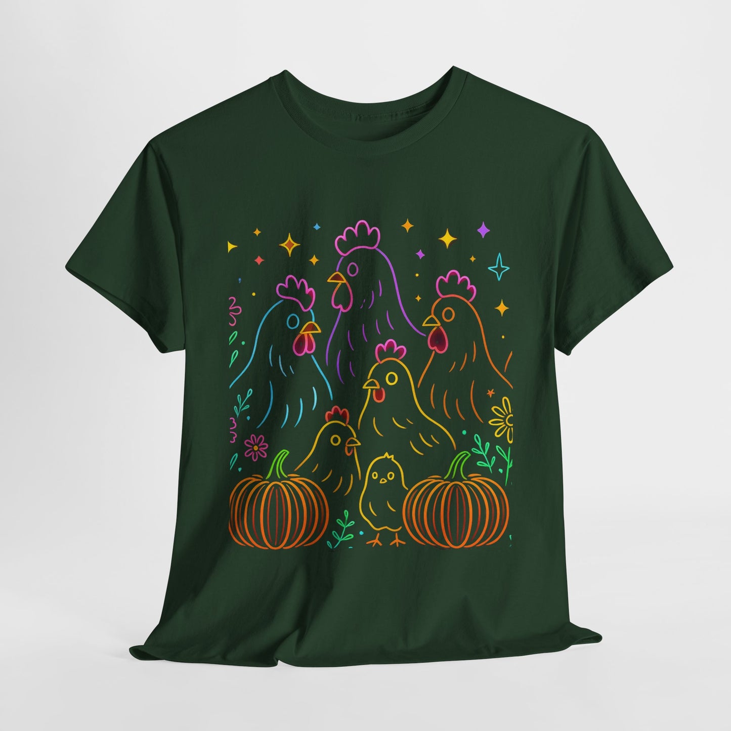 🌻 Autumn Chickens & Pumpkins Tee – Colorful Farm Harvest Shirt