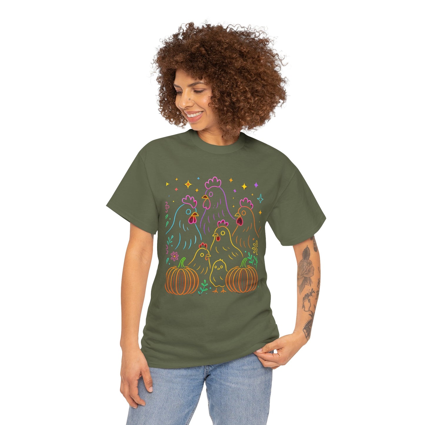 🌻 Autumn Chickens & Pumpkins Tee – Colorful Farm Harvest Shirt