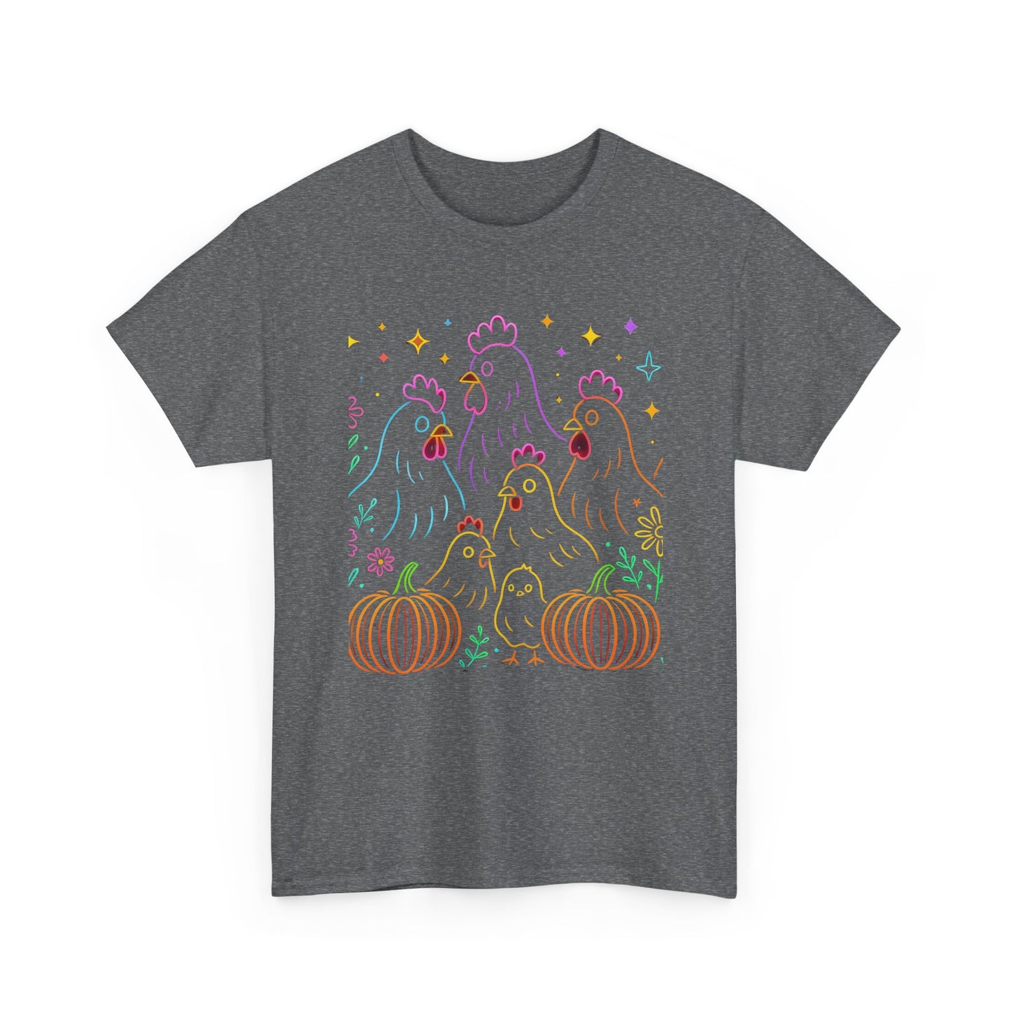 🌻 Autumn Chickens & Pumpkins Tee – Colorful Farm Harvest Shirt