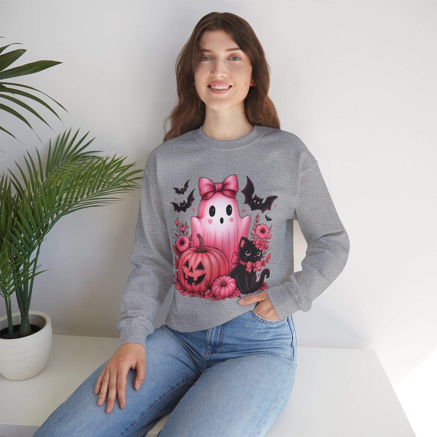 Pink Ghost & Pumpkin Halloween Crewneck Sweatshirt