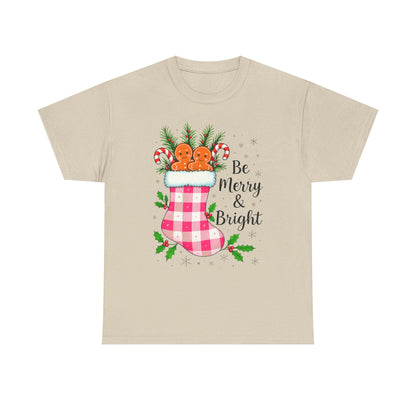 Pink Gingham Stocking Christmas Tee - Be Merry & Bright