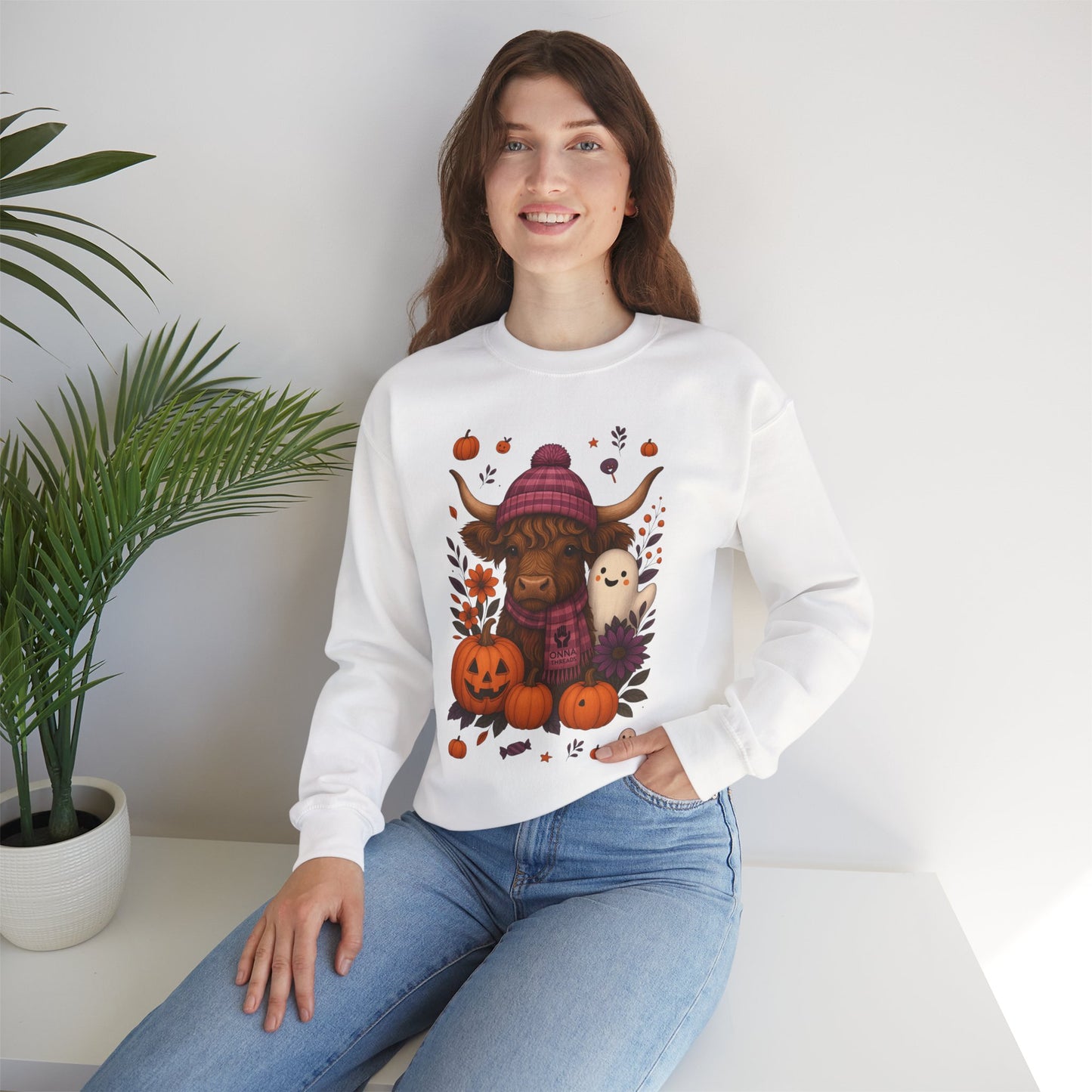 Highland Cow & Ghost Halloween Crewneck Sweatshirt