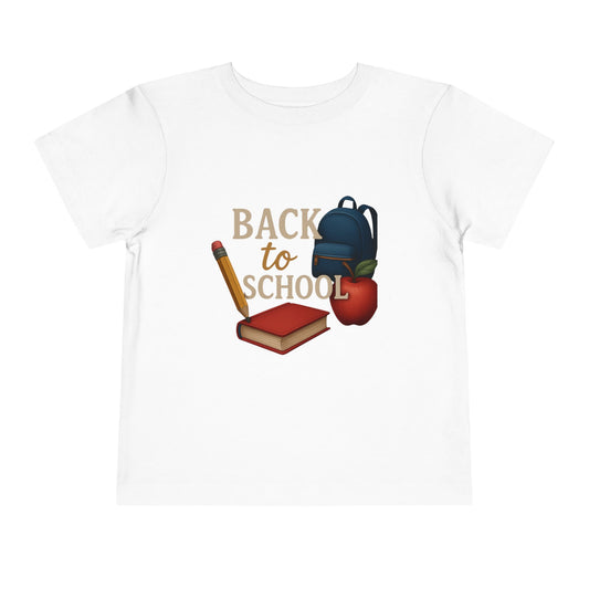 Toddler Tee Back to School Shirt with Backpack, Apple, Pencil, and Book Design
